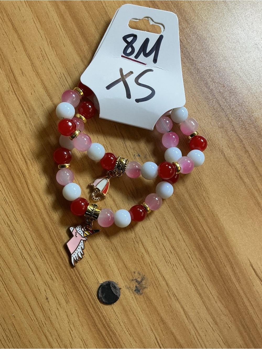Kids Pink, Red & White Beaded Charm Bracelet Set - Cute Wing & Sailboat Charms